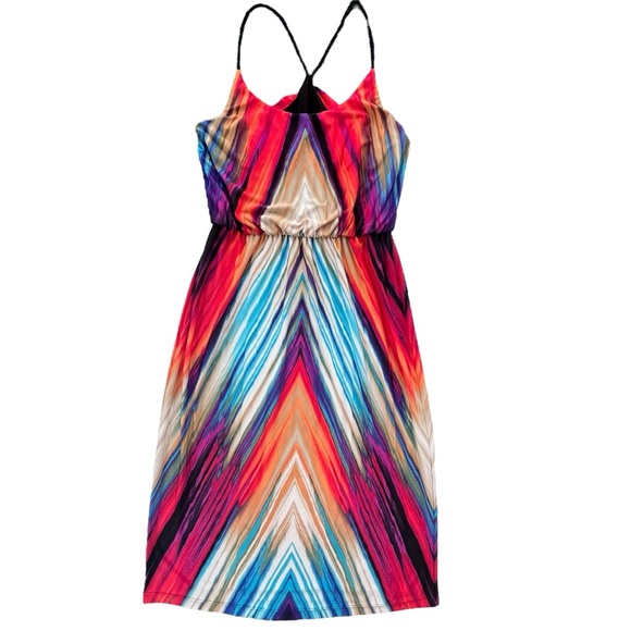 VENUS Dresses & Skirts - Venus Women’s Small Red Orange Blue Cream Multi, Chevron Diamond Tank Midi Dress